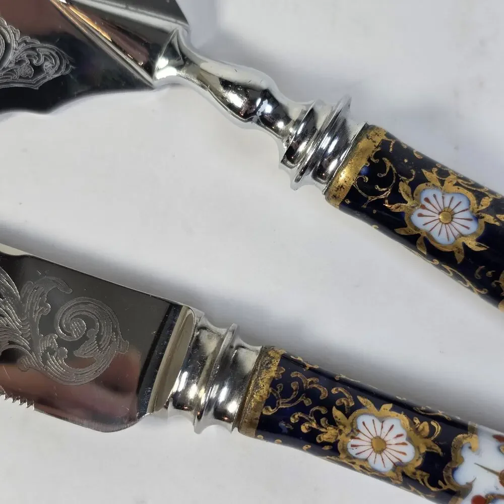 Vintage A.E. Lewis Floraine Sheffield England Cake Knife Server Porcelain Set
